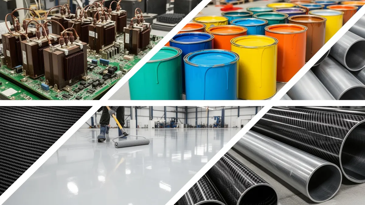 Industrial applications of epoxy resins — metal packaging, aluminum profiles, paint coatings, and flooring